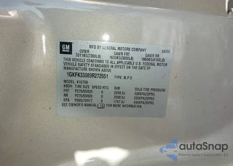 2009 GMC Yukon Slt2 z USA, uszkodzony, nr VIN 1GKFK33089R272651